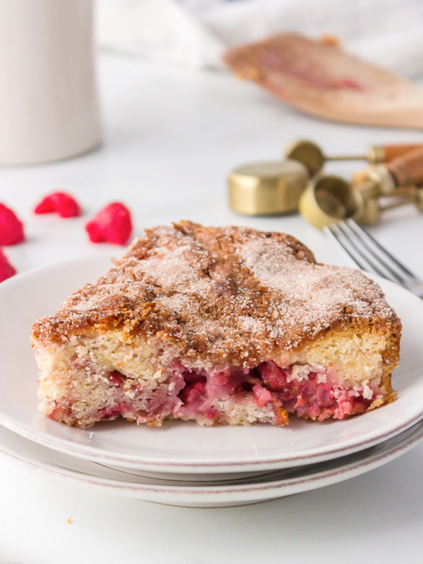 slice of raspberry coffee cake on white plate