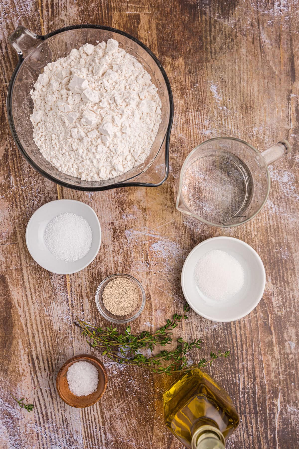 ingredients displayed for making salted thyme flatbread