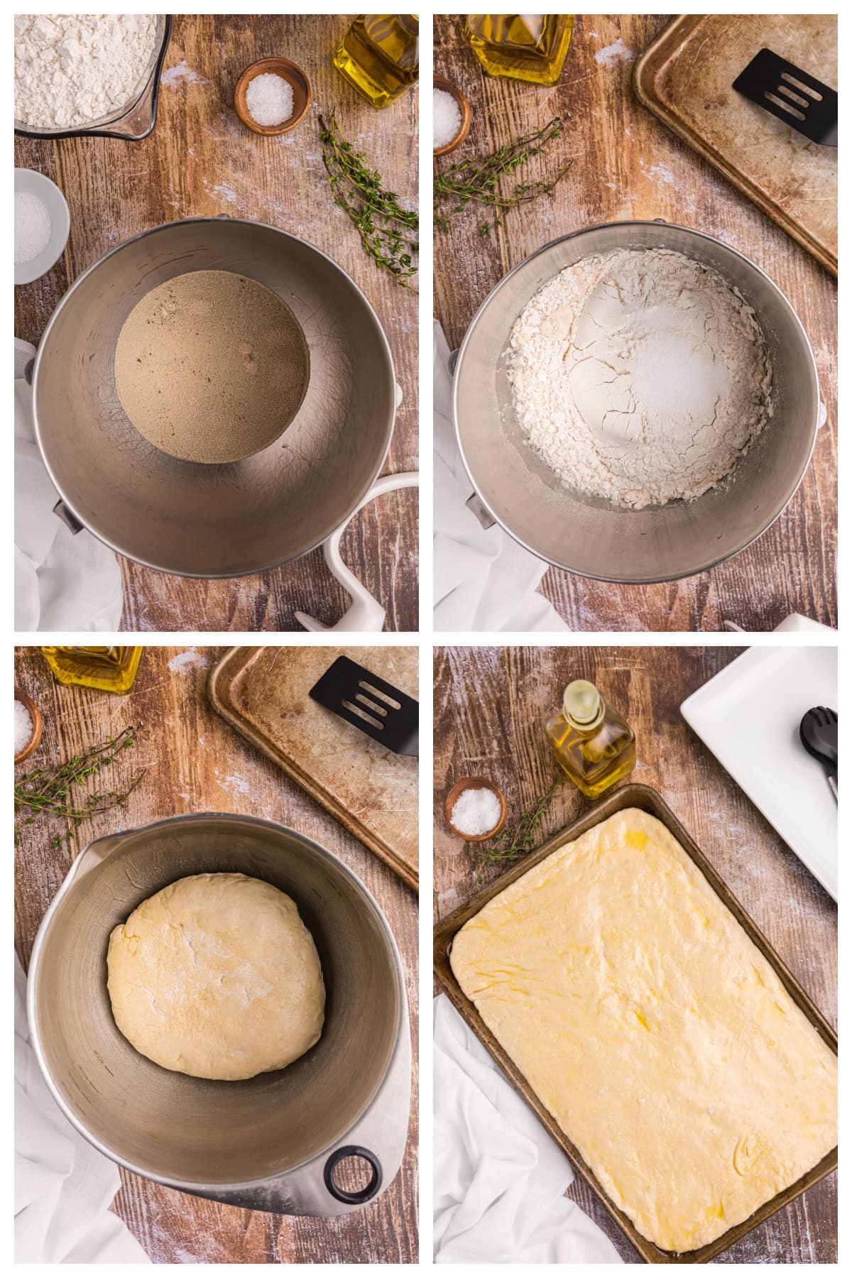 four photos showing how to make salted thyme flatbread