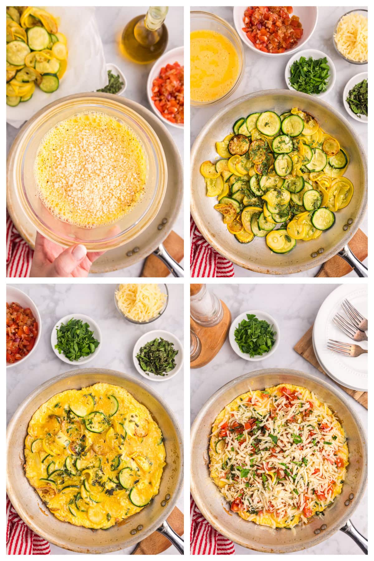 four photos showing how to make a squash and tomato oven frittata