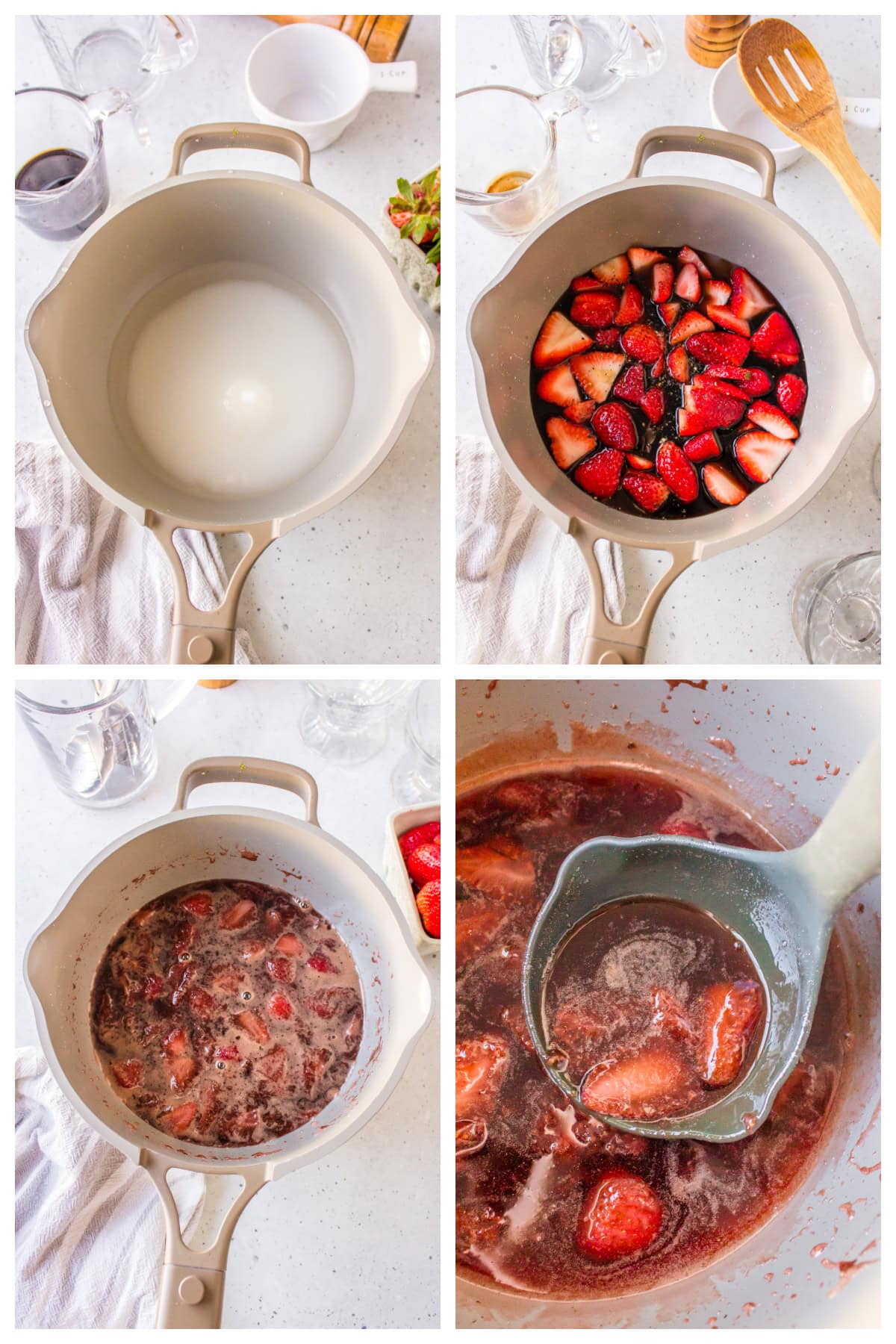 four photos showing how to make balsamic strawberry sauce