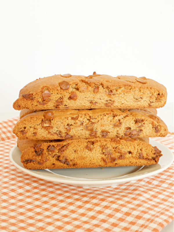 three pieces of brown sugar cinnamon biscotti on a plate