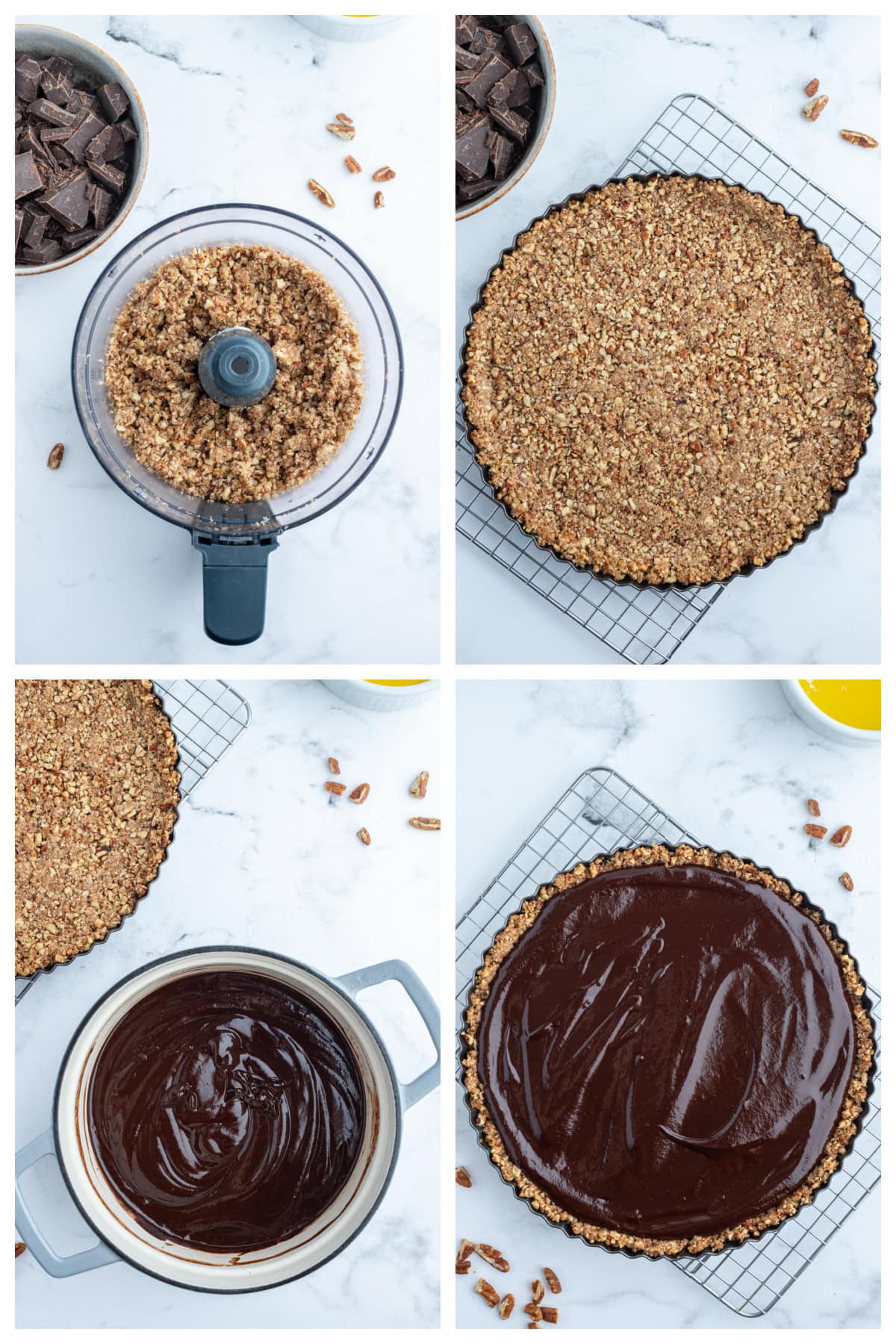 four photos showing how to make chocolate pecan tart