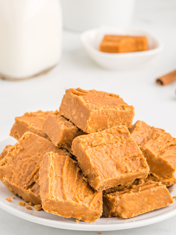 pieces of cinnamon fudge stacked on a platter