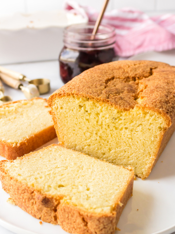 loaf of classic pound cake sliced open