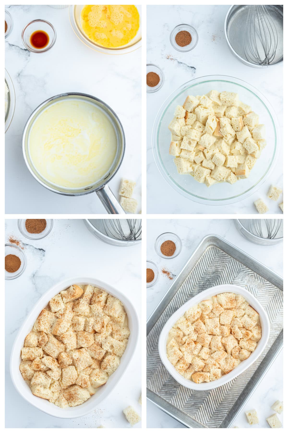 four photos showing how to make custard bread pudding