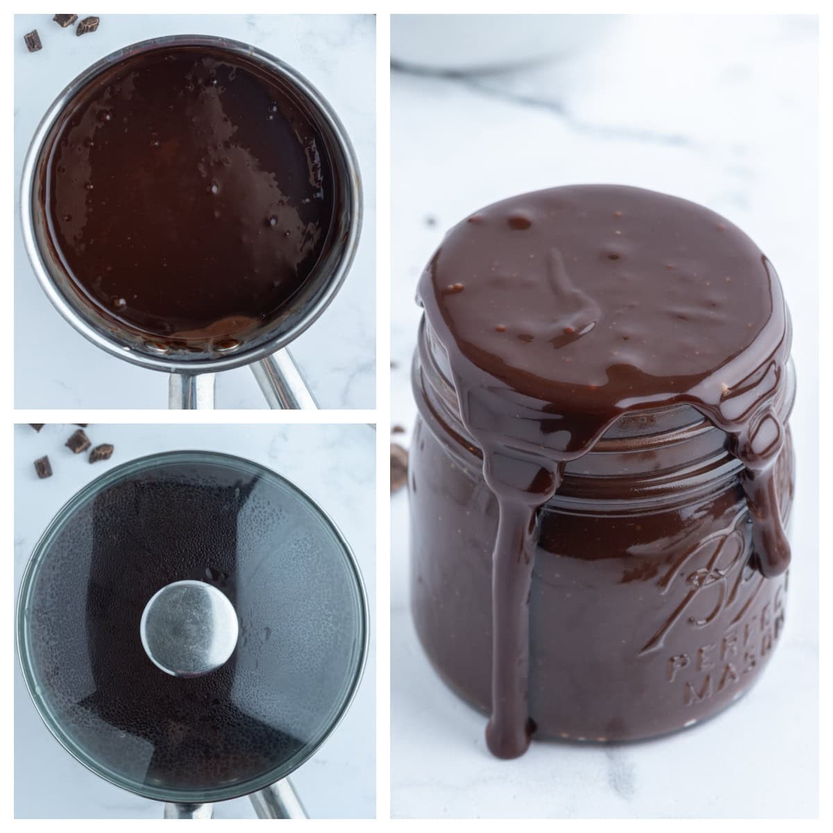 three photos showing how to make homemade hot fudge