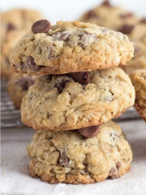 three oatmeal chip cookies stacked