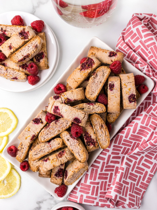 raspberry lemonade biscotti on a platter