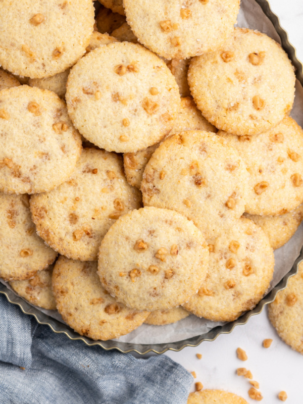 sparkling butter toffee cookies on platter