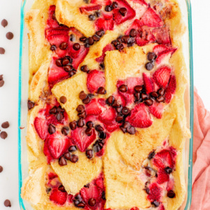 strawberry chocolate chip bread pudding in a casserole dish