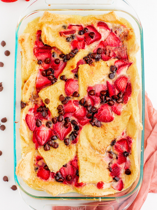 strawberry chocolate chip bread pudding in a casserole dish