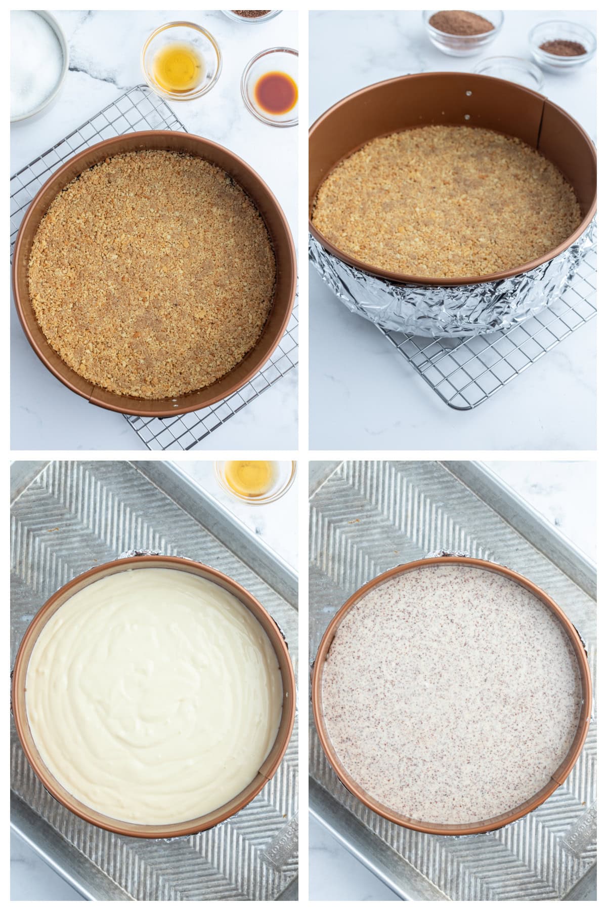 four photos showing how to make tiramisu cheesecake