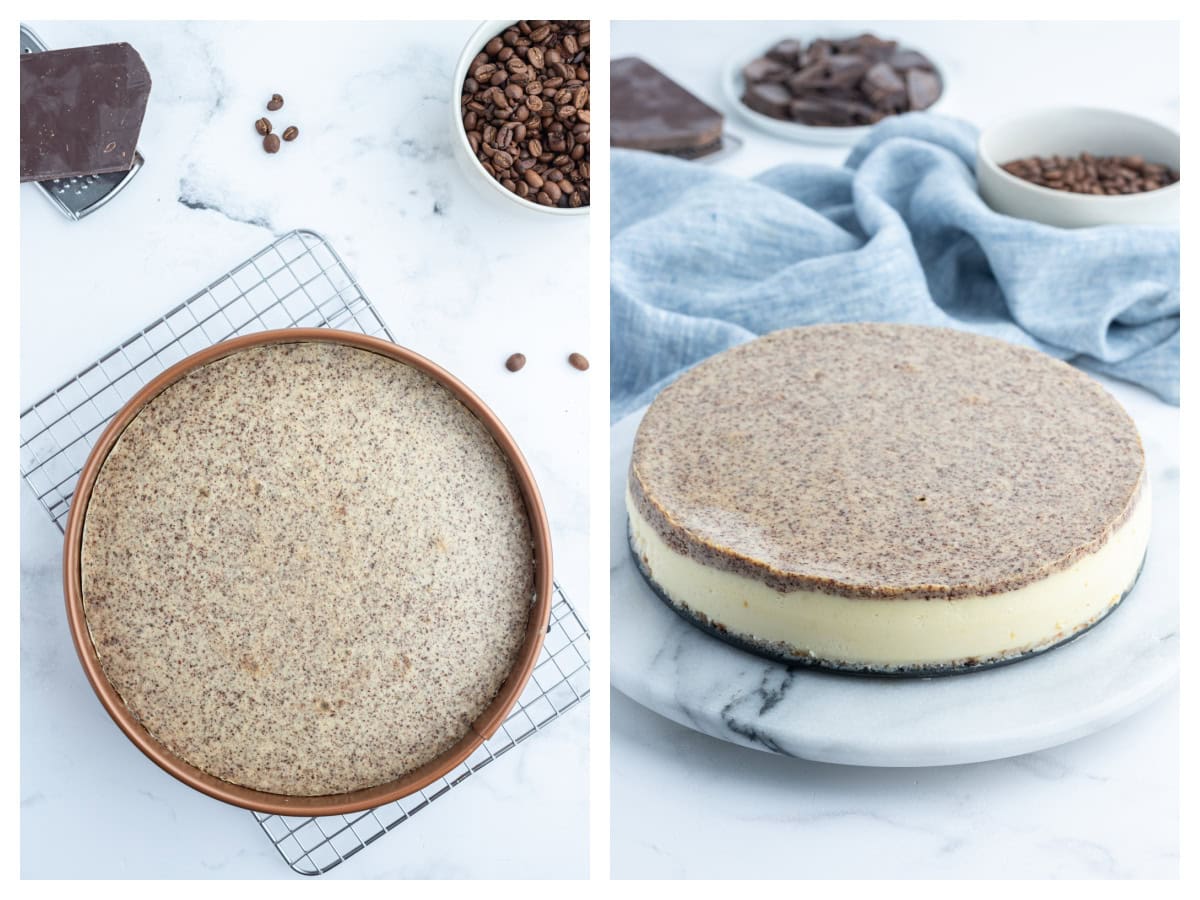 two photos sharing baked tiramisu cheesecake and then on serving plate.