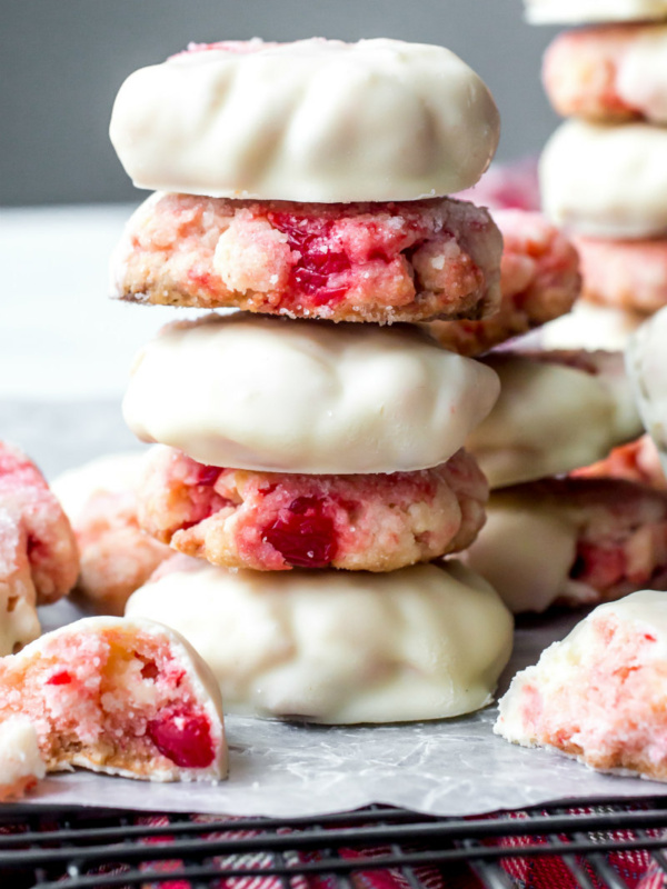 stack of white chocolate cherry shortbread cookies