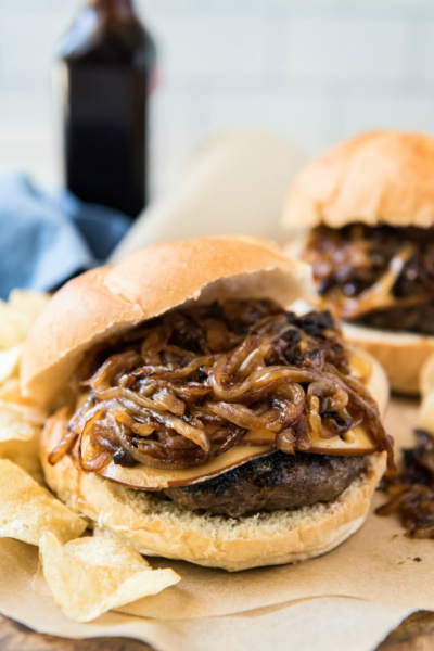 Bacon Bit Burgers with Gouda and Smothered Onions - Recipe Girl