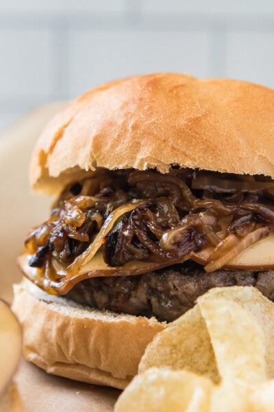 Bacon Bit Burgers with Gouda and Smothered Onions - Recipe Girl