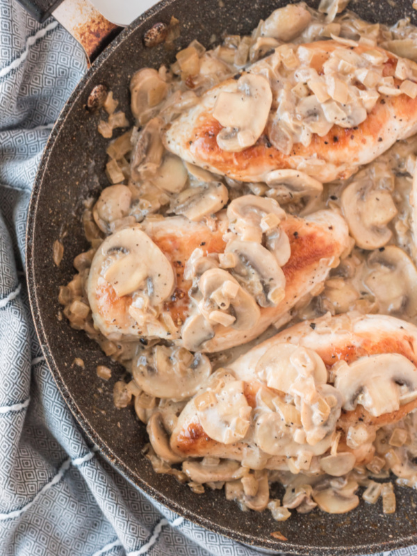 chicken breasts in a skillet with madeira mushroom sauce