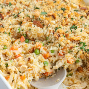 casserole dish full of creamy chicken and rice casserole