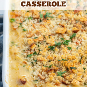 pinterest image for creamy chicken and rice casserole