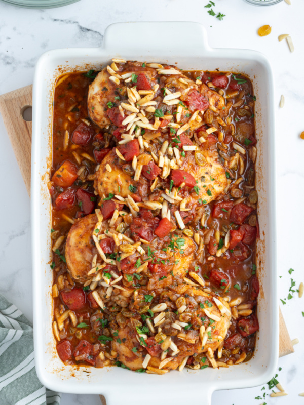 drunken chicken in a baking dish