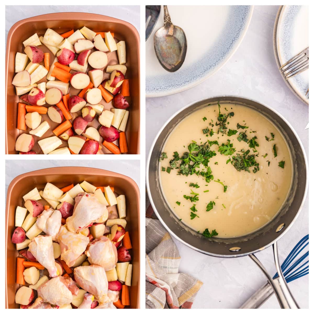 three photos showing how to make easy roast chicken dinner