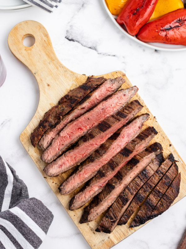 steak cut into slices on cutting board