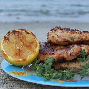 grilled chicken with fresh oregano on a blue plate with a grilled lemon