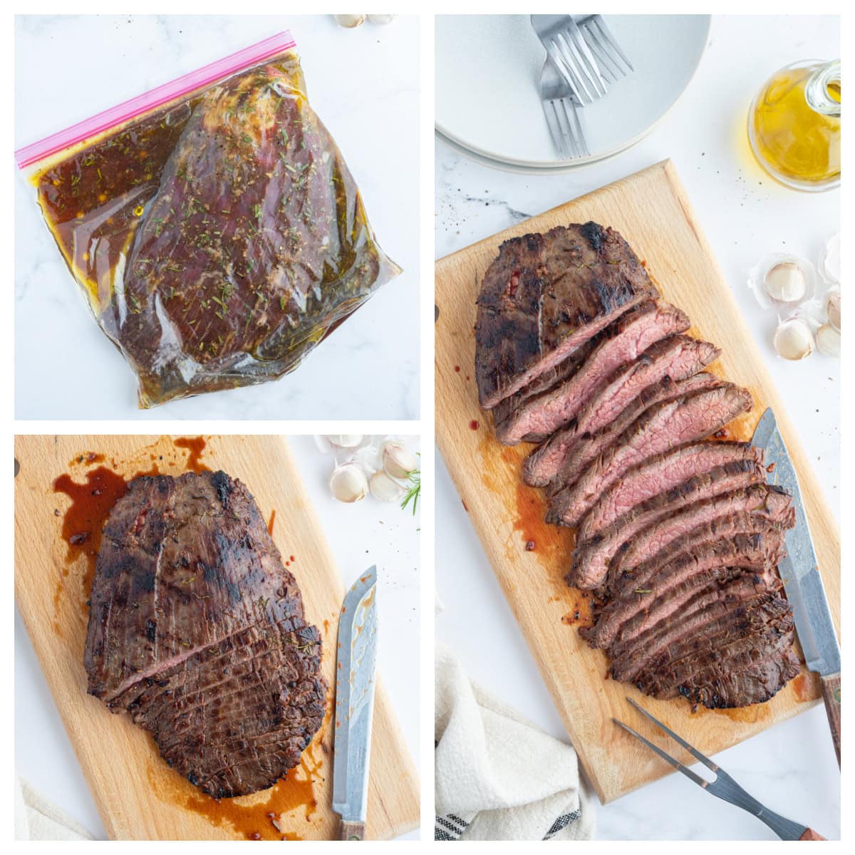four photos showing marinated flank steak with rosemary and then grilled and sliced