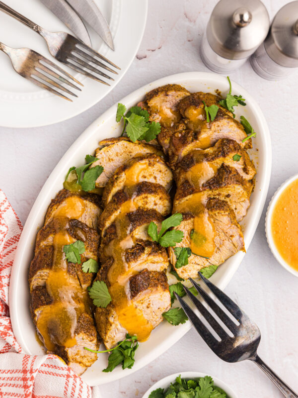 platter of pork tenderloin with apricot ginger sauce