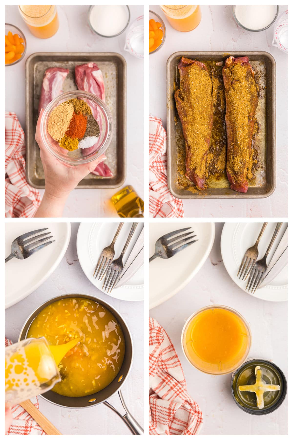 four photos showing how to make pork tenderloin with apricot ginger sauce