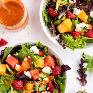 strawberry melon salad with watermelon vinaigrette