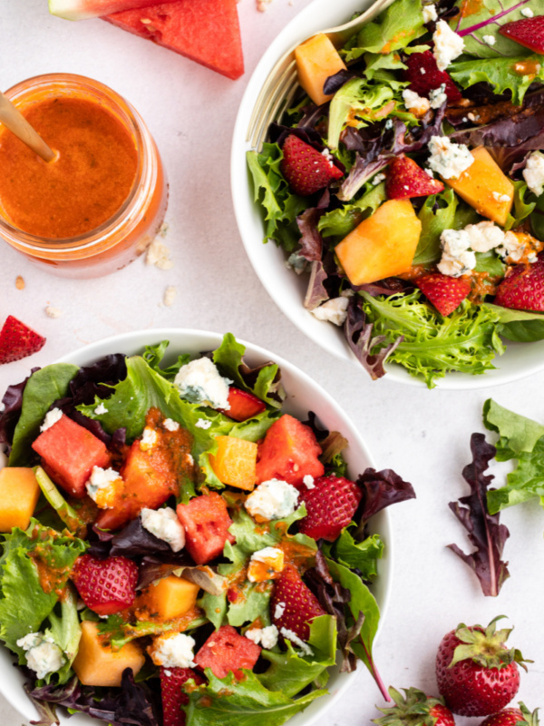 strawberry melon salad with watermelon vinaigrette