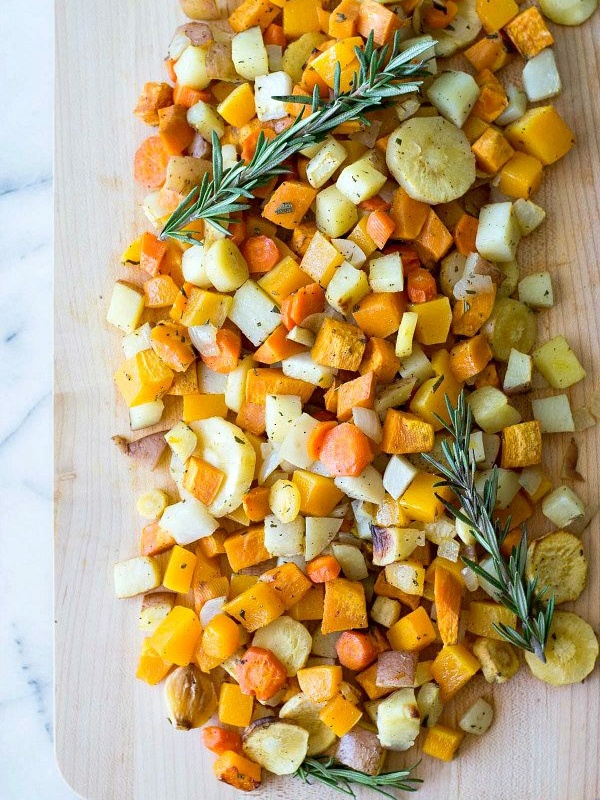 autumn roasted vegetables on board