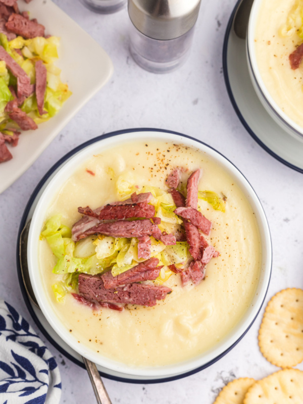 bowl of corned beef and cabbage soup