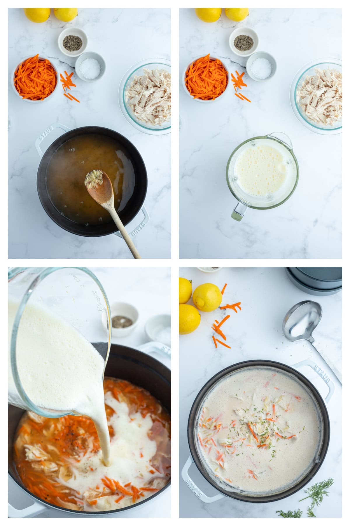 four photos showing how to make greek orzo and chicken soup