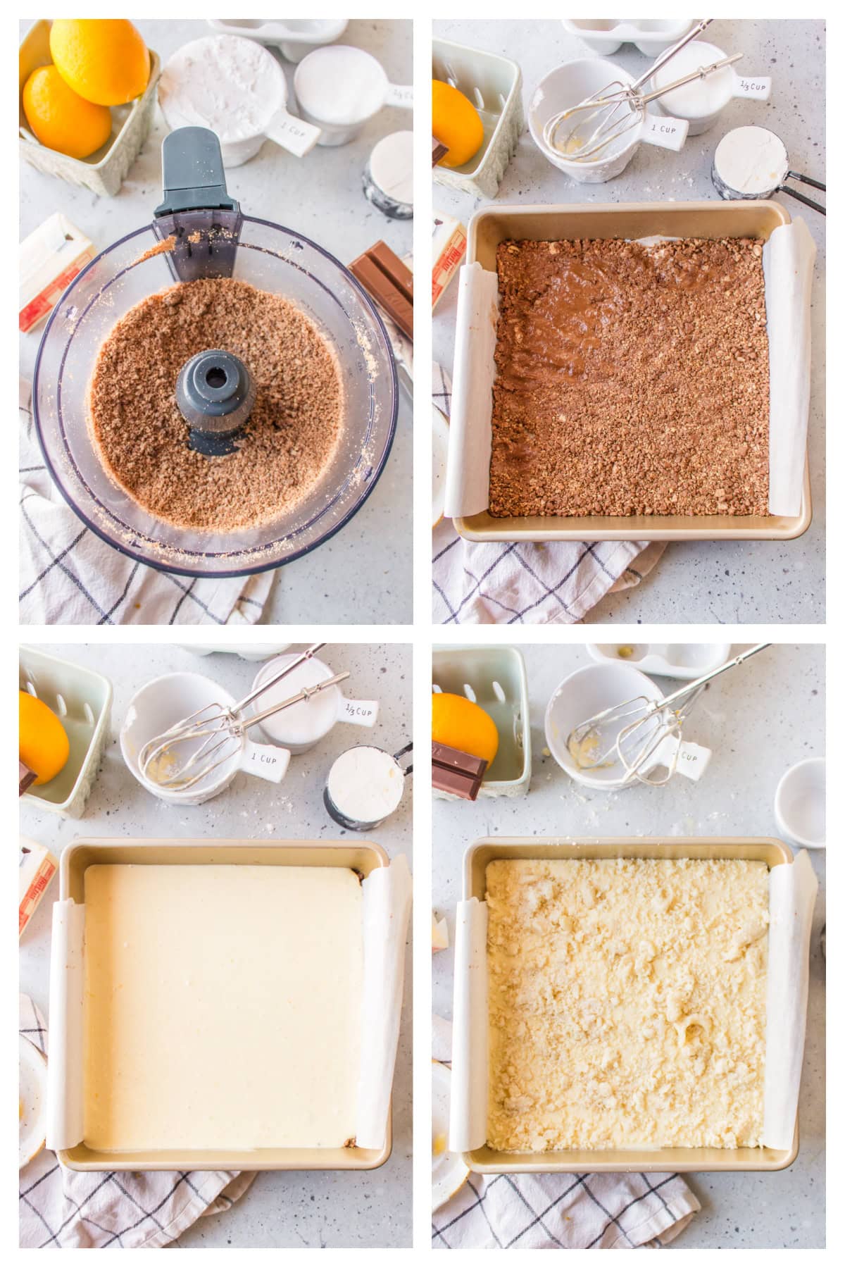 four photos showing how to make lemon bars with kit kat crust