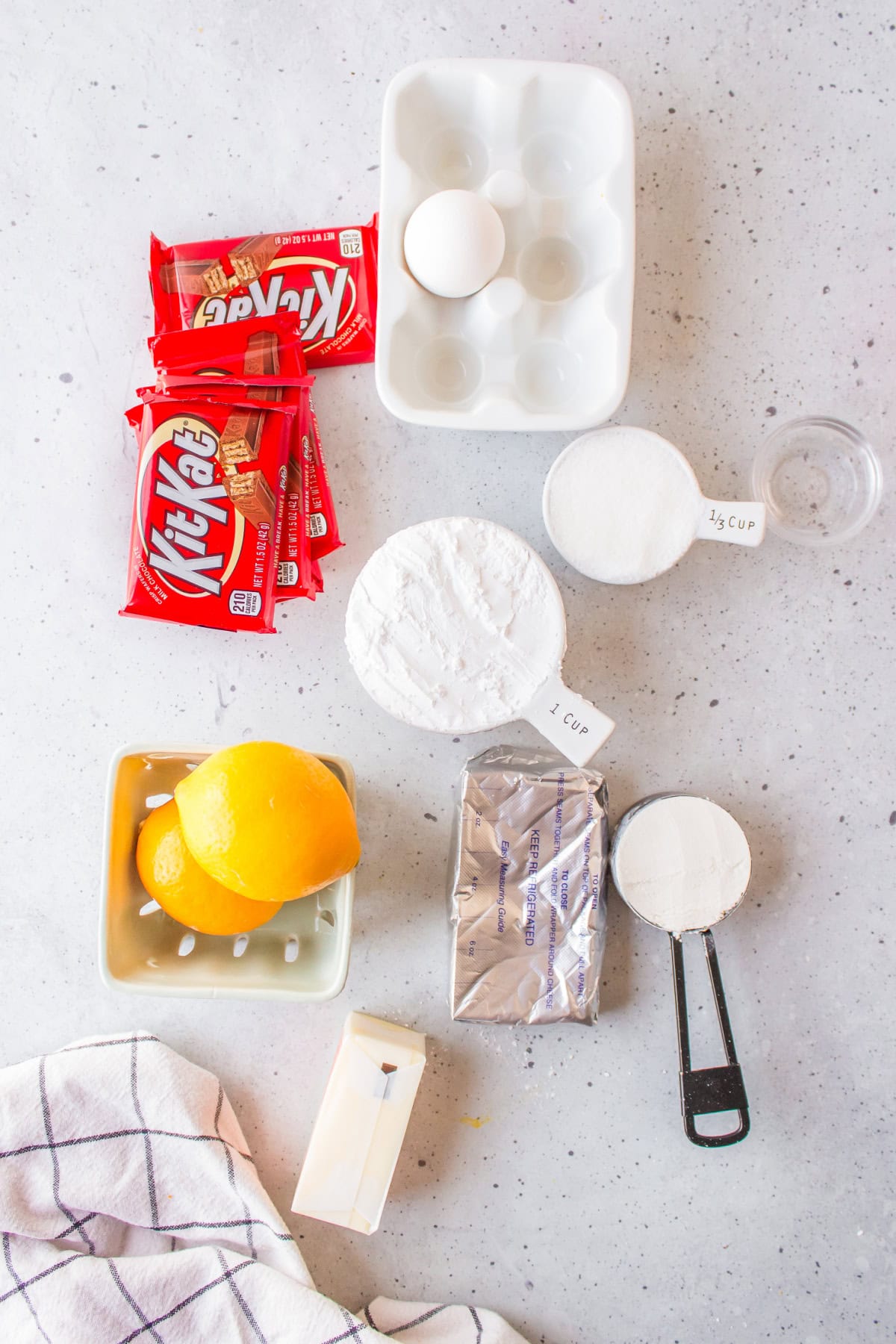 ingredients displayed for making lemon bars with kit kat crust