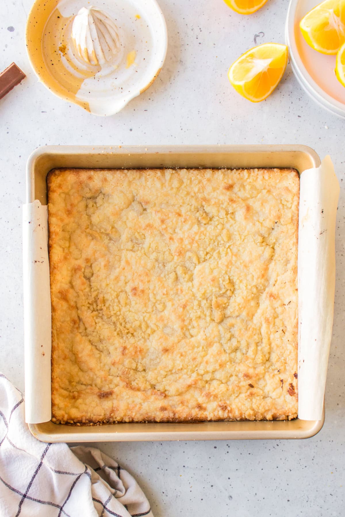 pan of lemon bars with kit kat crust