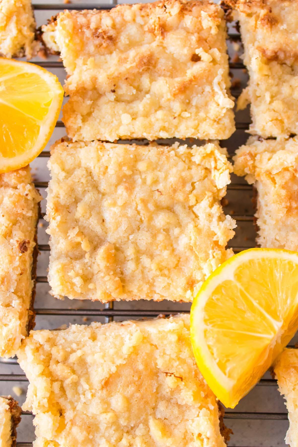 close up lemon bars with kit kat crust