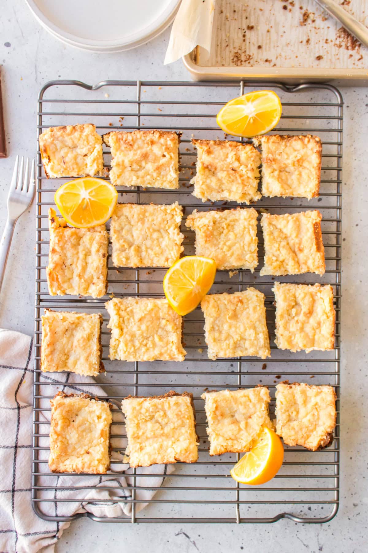 lemon bars with kit kat crust on cooling rack