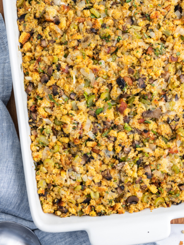 stuffing in a casserole dish