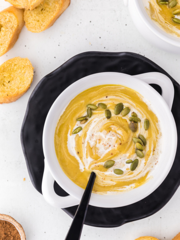 roasted butternut squash soup in a bowl