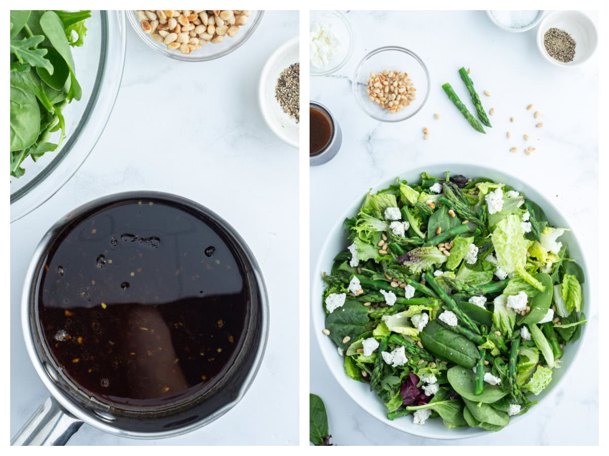 two photos showing dressing in on photo and salad in another