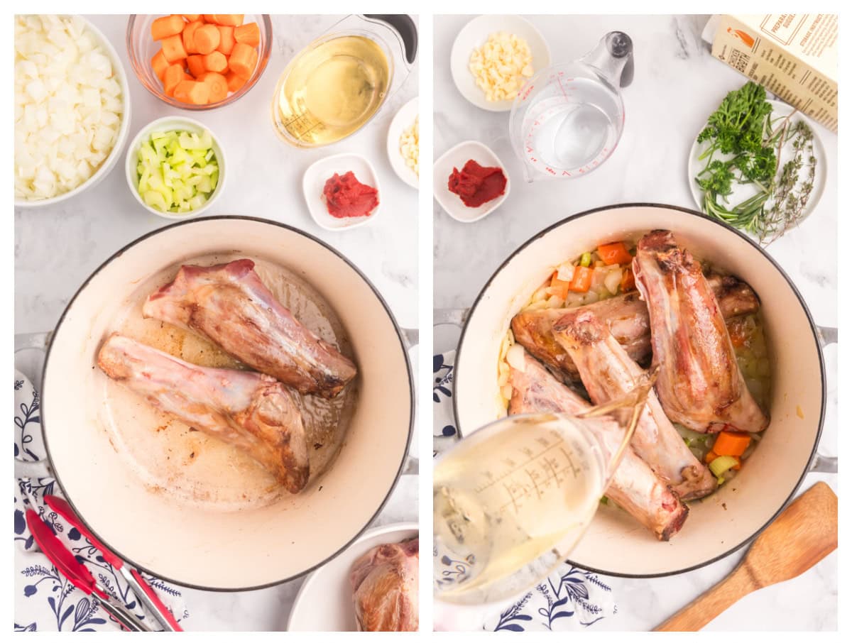 Two Photos showing how to braise lamb shanks