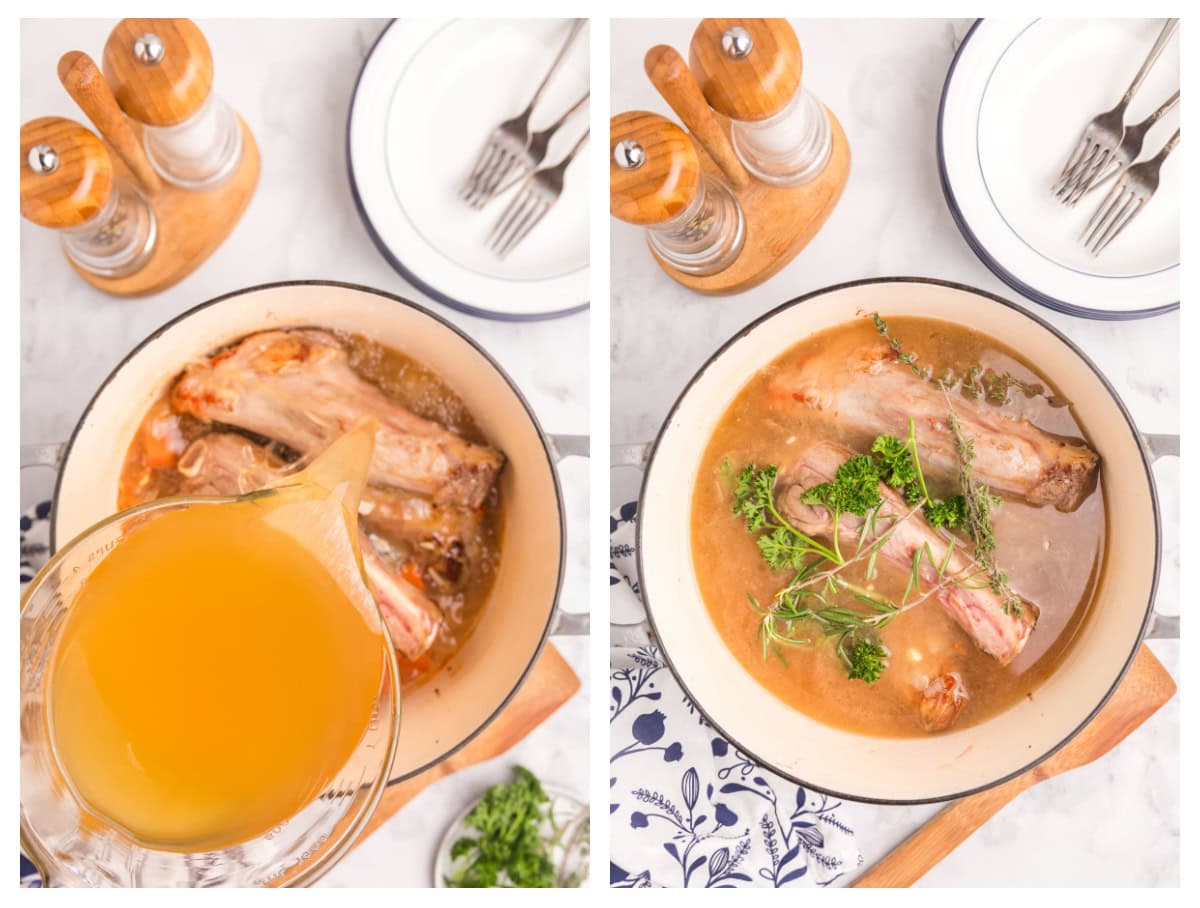 two photos showing how to make braised lamb shanks