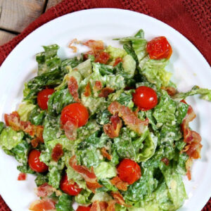 pinterest image for caesar salad with pancetta and roasted tomatoes