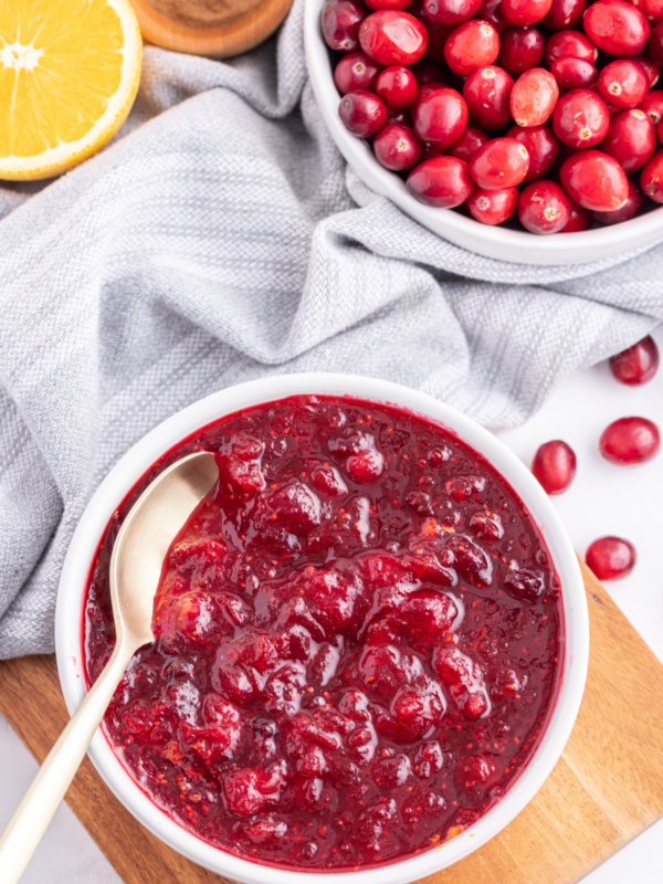 bowl of classic cranberry sauce with spoon