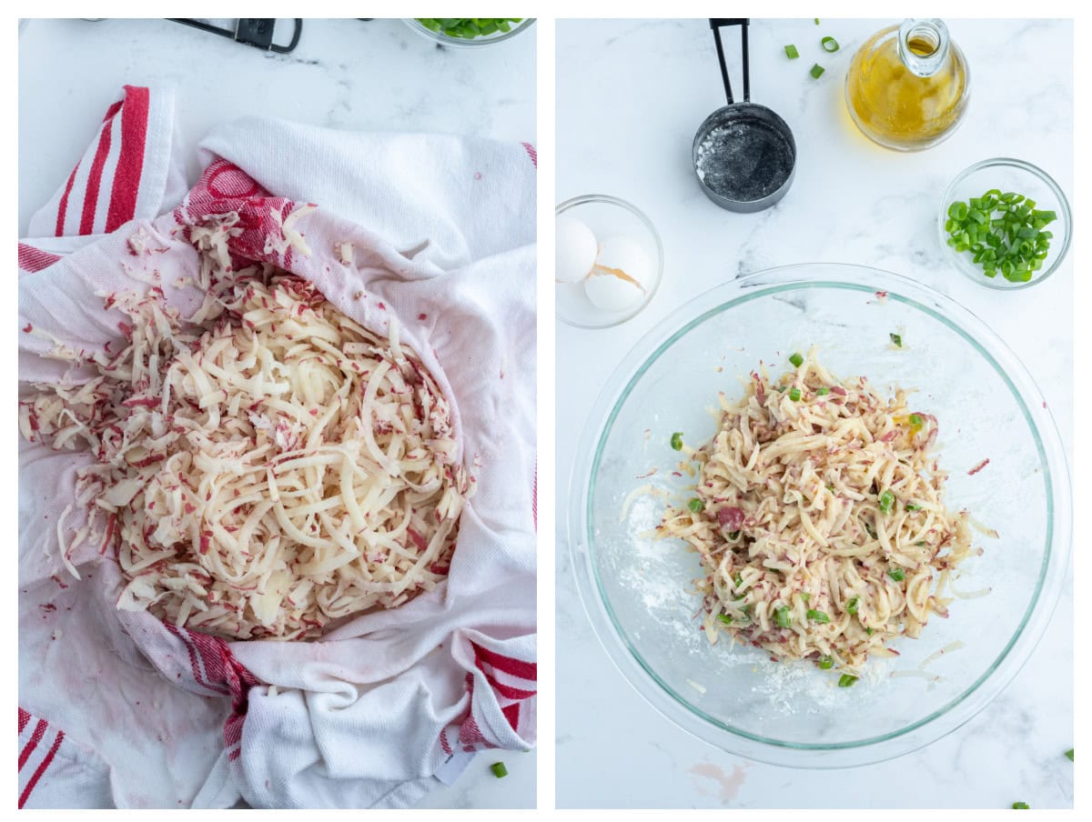 two photos showing how to make potato pancakes