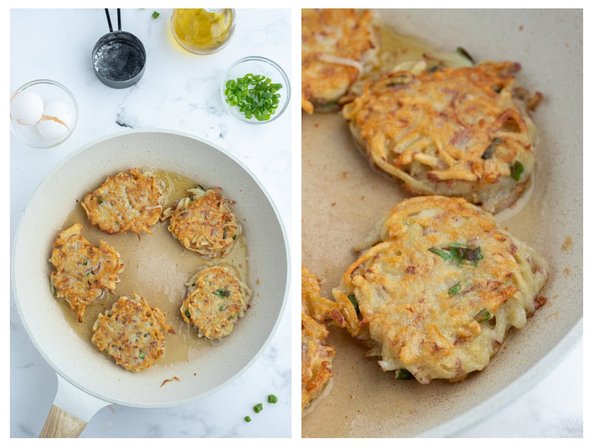 two photos showing how to fry potato pancakes in pan